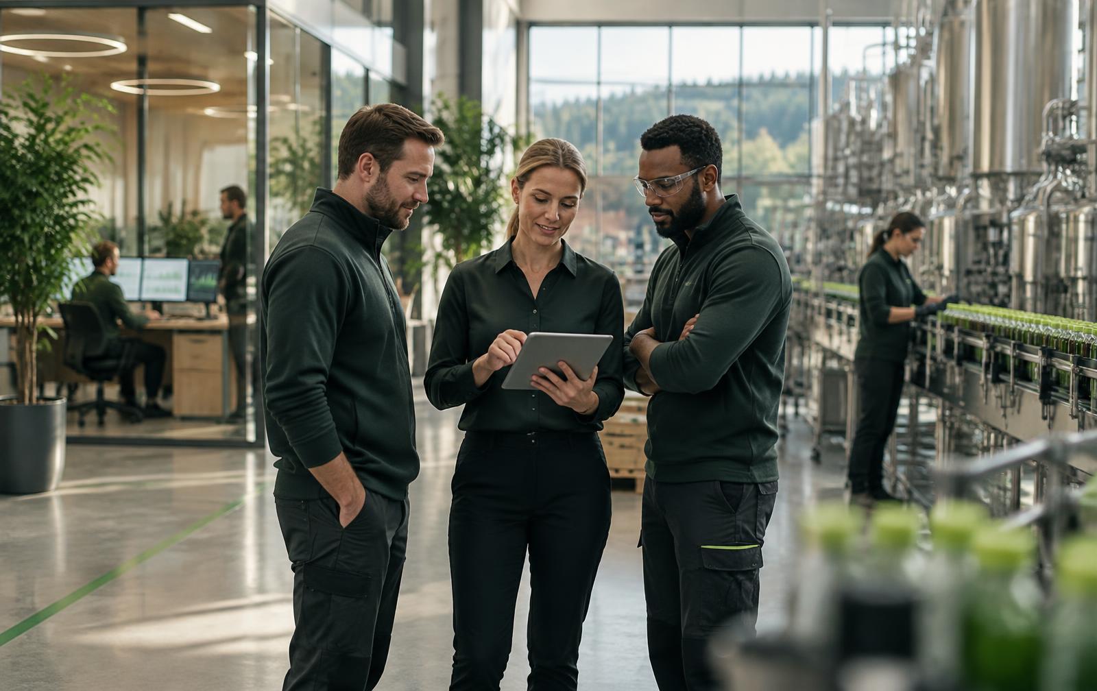 Operations team reviewing live production data on the factory floor